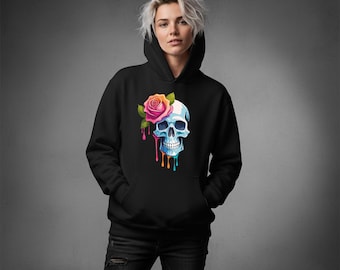 Sudadera con capucha de calavera mística y rosa, estética gótica grunge, sudadera con capucha de Halloween de romance oscuro, ropa urbana alternativa, sudadera con capucha unisex acogedora, regalo de renacimiento