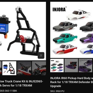 以下が含まれることがあります： 2つの異なるアイテムの製品画像。左側には、赤いアクセントが付いた黒いレッカー車クレーンキット、ウィンチサーボ、小さなフックがあります。右側には、白、グレー、黒、ティール、紫、赤など、さまざまな色のカラフルなピックアップトラックのハードボディのコレクションがあります。