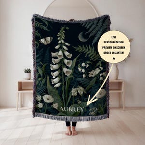 Personalized Moon Garden Woven Throw Blanket, Dark Floral Celestial Botanical Decor