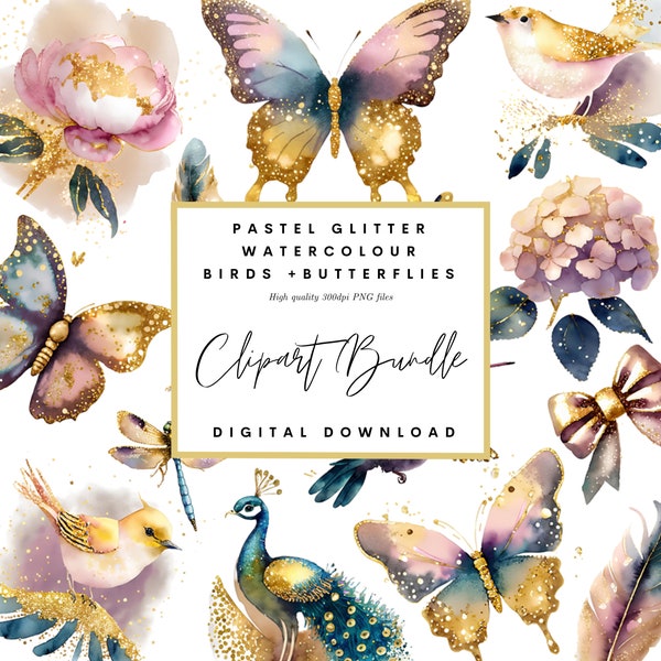 Pastel watercolor birds + butterflies clipart bundle | teal, pink and gold glitter butterflies, birds and dragonflies PNGs | commercial use