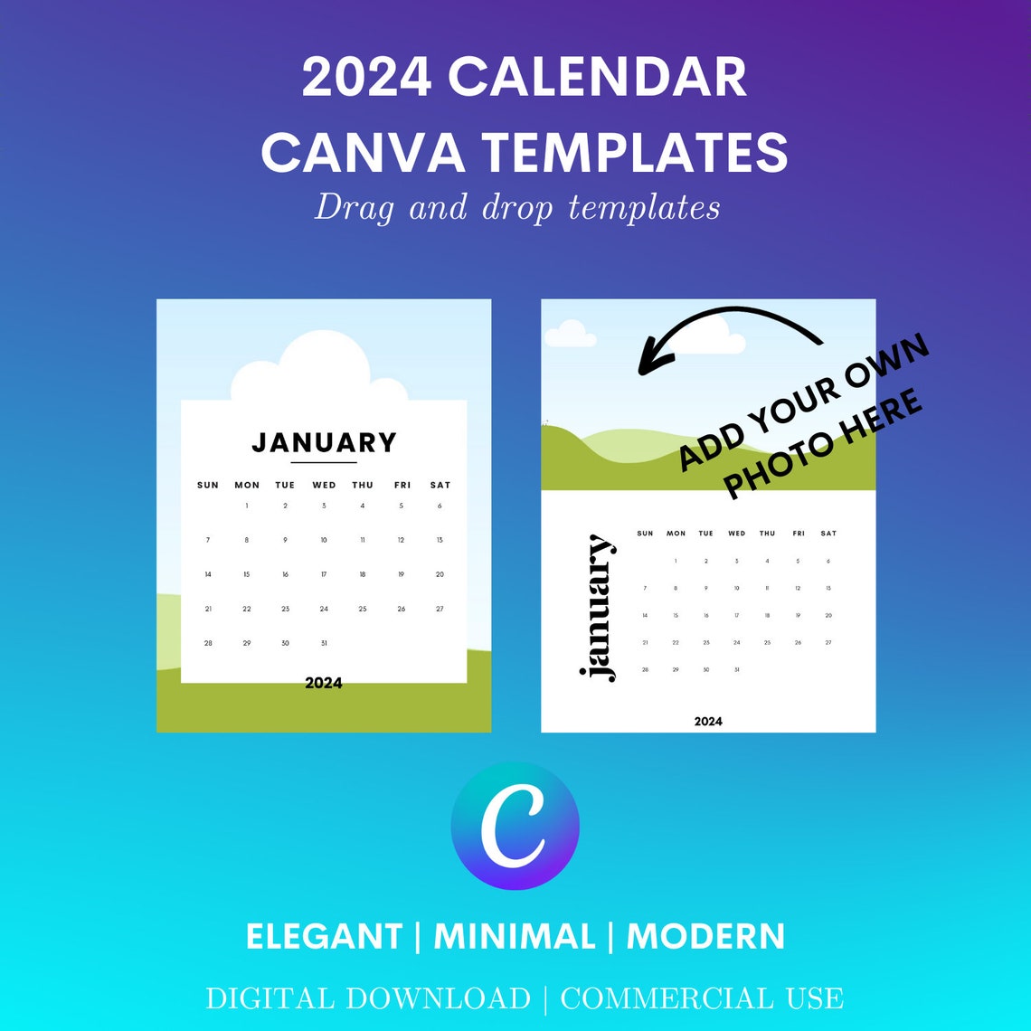 Custom Calendars 2024 Canva Template Canva Editable Drag and Drop