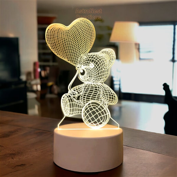 Teddy Bear Light pour la Saint-Valentin | Cadeau romantique d’ours en peluche pour petite amie | Lampe pour les amoureux | Cadeaux de couple romantique | Ours en peluche avec coeur |