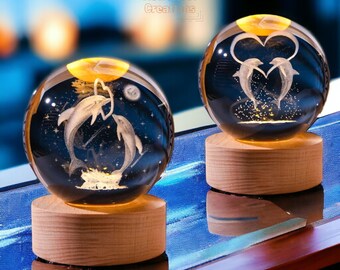 Romantic Dolphin 3D Crystal Ball Night Light | LED Night Light Bedroom Decor | Gift for Couple | Cute Room Decor | Unique Gift For Her |