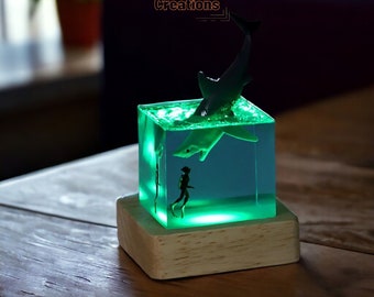 Great White Shark Night Light | Glowing Marine Night Lamp | Shark and Divers Table Lamp | Creative Resin Art | Gift for him