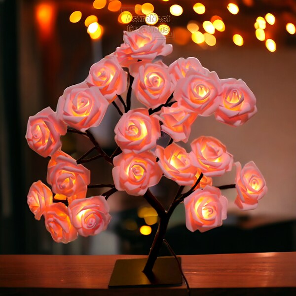 Lampe rose faite à la main avec pétales LED | Lampe de rosier | Lumière d’arbre colorée | Lampe florale | Lumière d’arrangement floral | Lampe LED à fausse fleur |