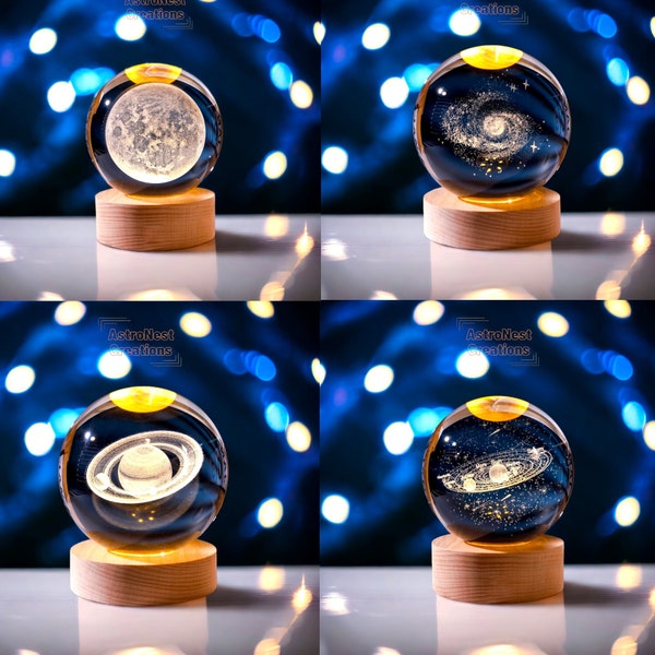 Veilleuse cosmique boule de cristal 3D | Lampe de chevet USB | Décoration d’intérieur sur le thème de la galaxie | Lampe de chevet spatiale | Cadeaux spatiaux | Veilleuse Univers |