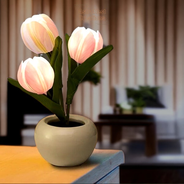 Vibrant Artificial Tulip Battery Lamp | Tulip Flower Simulation Night Light | Fake Tulip Bouquet | Fairy Light Decor | Flower w/Ceramic Vase