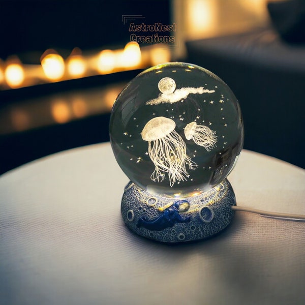 Jellyfish 3D Crystal Ball Night Light | Galaxy Themed Home Decor |  USB Bedside Lamp | Space Bedside Lamp | LED Night Resin Lamp