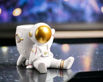 Portalápices redondo de astronauta | Adorno de estatuilla de astronauta | Organizador de escritorio | Accesorios de escritorio en miniatura | Regalo de adorno | Regalo para el