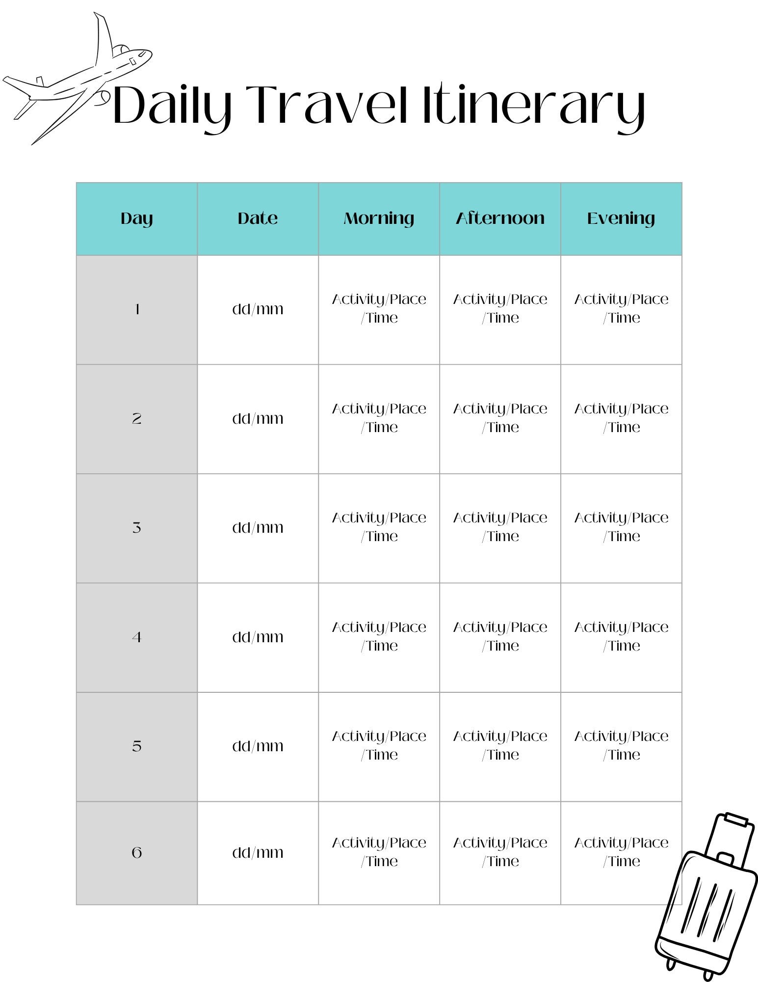 Daily Travel Itinerary | Printable Itinerary Template | Editable ...