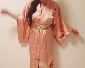 Vintage Kimono Robe in Peach-Pink with Auspicious Nanten Flower Embroidery and Shibori Detailing. Authentic Silk Kimono Made in Japan.