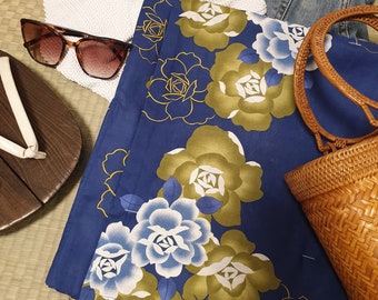 Almost New, Unused, Unworn Vintage Japanese Yukata in Blue with Floral Motifs, Summer Kimono Robe, Blue Yukata, Women Yukata, Summer Robe