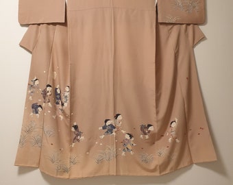 Vintage Japanese Kimono Robe by Ryoichi Sekiguchi with Doji (Child) Art in Tokamachi Yuzen Dye, Silk Kimono, Japan Vintage, Yuzen Kimono