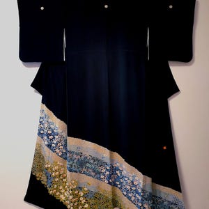 Hand-Painted Yuzen Kimono with a Field of Flowers in Bloom and Artist Seal, Vintage Tomesode, Vintage Kurotomesode, Black Silk Kimono Robe