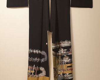 Kimono Kurotomesode di seta vintage: processione Yamaboko, decorazioni in lamina d'oro