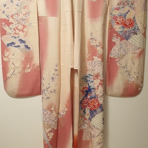 Vintage Japanese Pink Kimono Robe with Fan, Plum Blossoms, Chrysanthemum, Peacock and Golden Embroidery, Pink Furisode, Long-Sleeved Kimono image 2