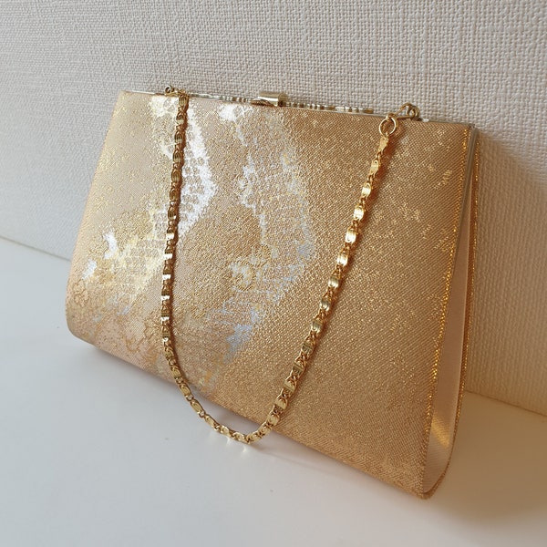 Vintage Kimono Bag in Gold Silver Silk Brocade, Gold Bag, Gold Clutch, Gift for Her, Authentic Traditional Japanese Bag Made in Japan