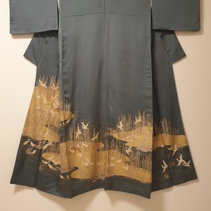 Vintage Grey Kimono Robe with Golden Landscape Art featuring Tsuru Cranes by the Lake in Gold Foil, Authentic Silk Kimono Made in Japan.