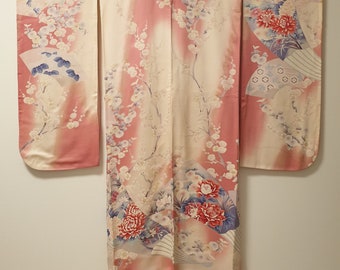 Vintage Japanese Pink Kimono Robe with Fan, Plum Blossoms, Chrysanthemum, Peacock and Golden Embroidery, Pink Furisode, Long-Sleeved Kimono