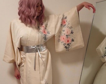 Vintage Kimono Robe in Beige-Cream with Hand-painted Pink Roses and Flowing Water Motif. Authentic Silk Kimono Made in Japan.