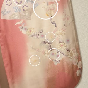 Vintage Japanese Pink Kimono Robe with Fan, Plum Blossoms, Chrysanthemum, Peacock and Golden Embroidery, Pink Furisode, Long-Sleeved Kimono image 6