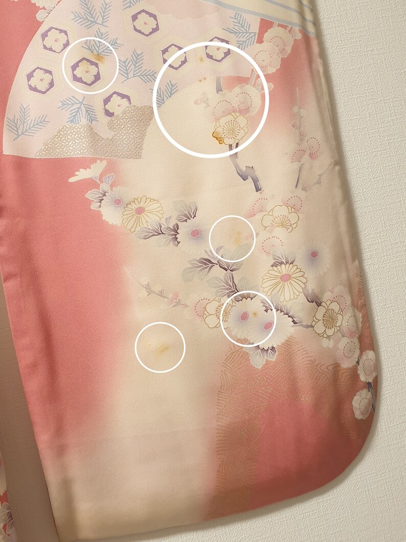 Vintage Japanese Pink Kimono Robe with Fan, Plum Blossoms, Chrysanthemum, Peacock and Golden Embroidery, Pink Furisode, Long-Sleeved Kimono image 6