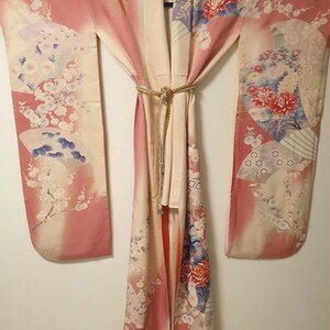 Vintage Japanese Pink Kimono Robe with Fan, Plum Blossoms, Chrysanthemum, Peacock and Golden Embroidery, Pink Furisode, Long-Sleeved Kimono image 10