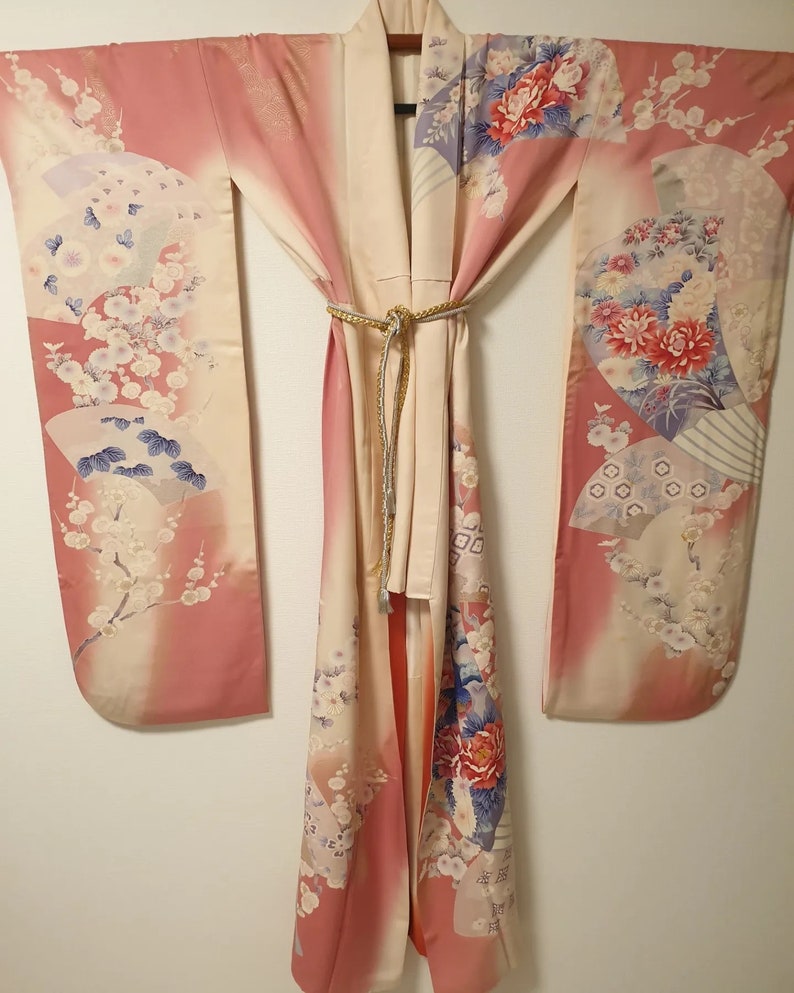 Vintage Japanese Pink Kimono Robe with Fan, Plum Blossoms, Chrysanthemum, Peacock and Golden Embroidery, Pink Furisode, Long-Sleeved Kimono image 10