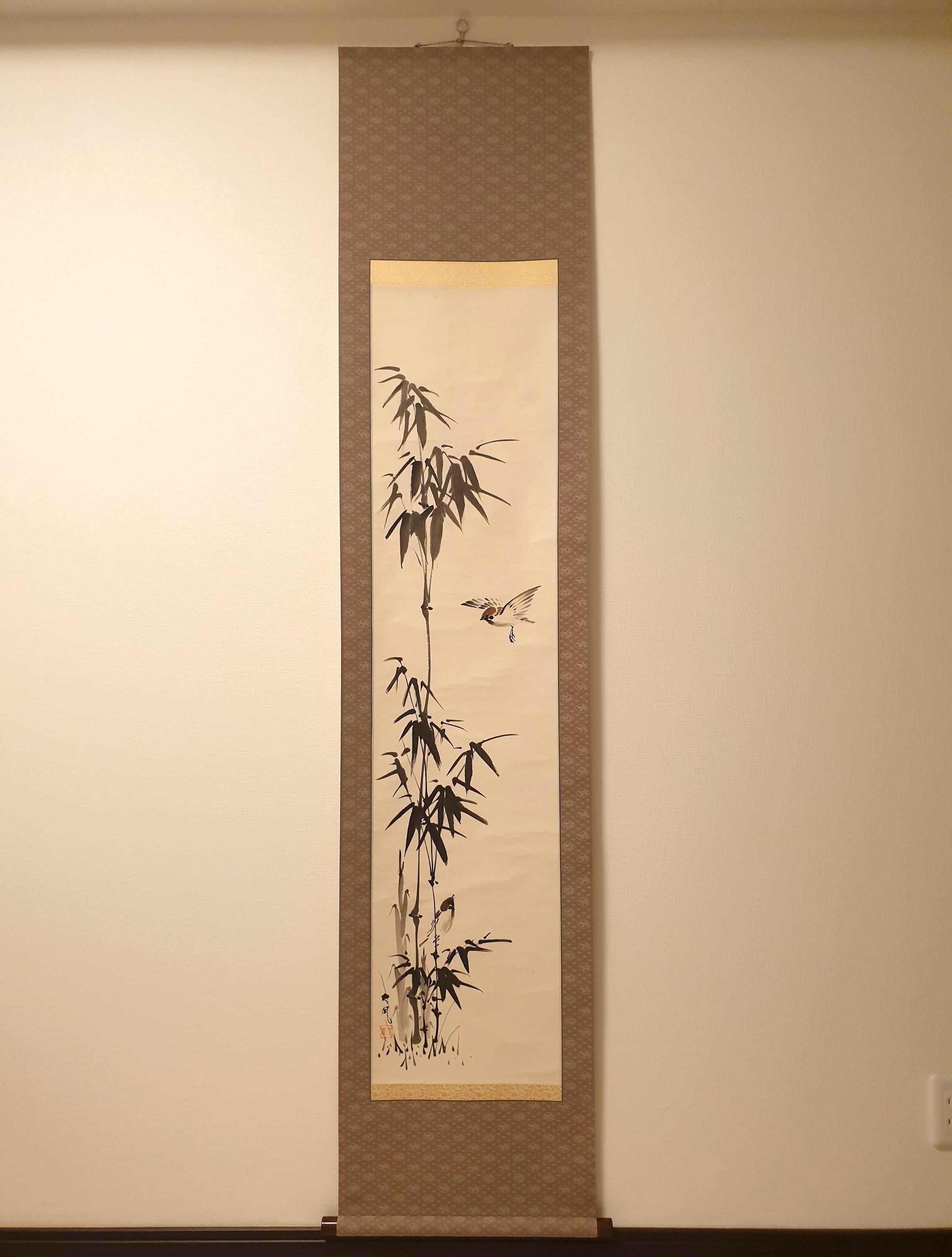 竹と鳥の水墨画 掛軸 竹と鳥の水墨画 掛軸 美術品・アンティーク・コレクション