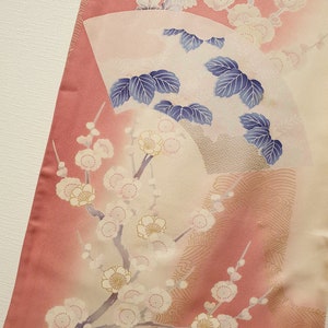 Vintage Japanese Pink Kimono Robe with Fan, Plum Blossoms, Chrysanthemum, Peacock and Golden Embroidery, Pink Furisode, Long-Sleeved Kimono image 9