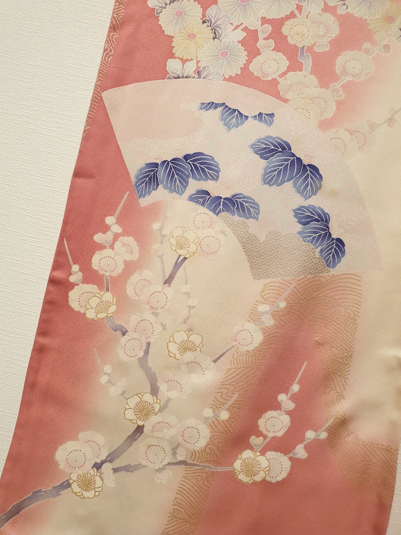 Vintage Japanese Pink Kimono Robe with Fan, Plum Blossoms, Chrysanthemum, Peacock and Golden Embroidery, Pink Furisode, Long-Sleeved Kimono image 9