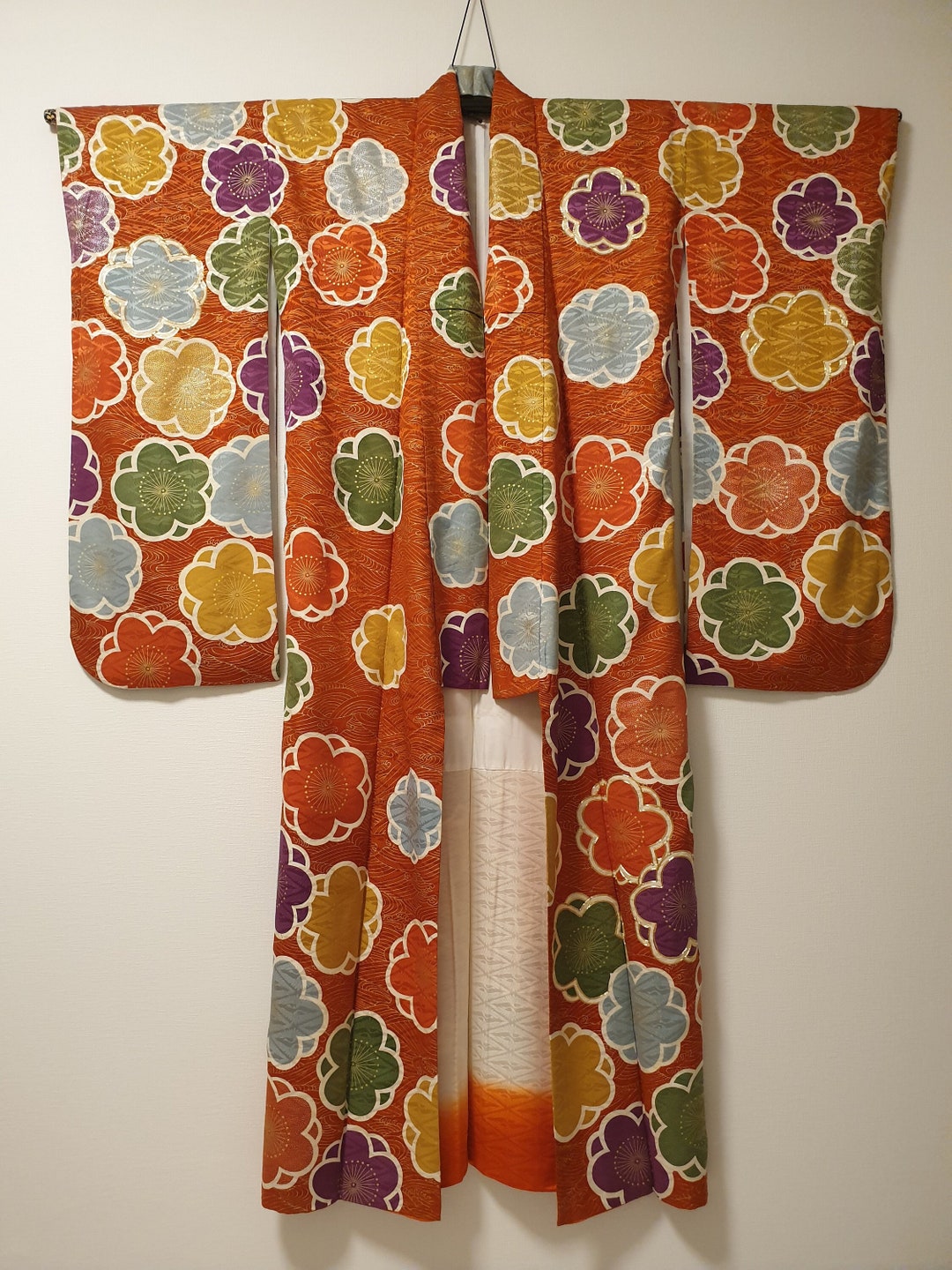 Vintage Furisode, Japanese Kimono Robe With Gold Embroidery on Ume ...