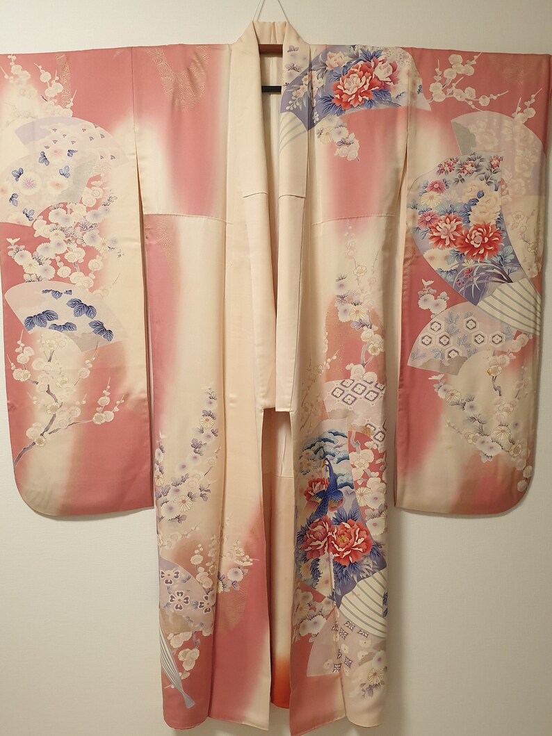 Vintage Japanese Pink Kimono Robe with Fan, Plum Blossoms, Chrysanthemum, Peacock and Golden Embroidery, Pink Furisode, Long-Sleeved Kimono image 2