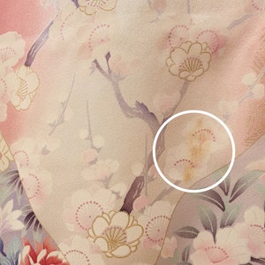 Vintage Japanese Pink Kimono Robe with Fan, Plum Blossoms, Chrysanthemum, Peacock and Golden Embroidery, Pink Furisode, Long-Sleeved Kimono image 8