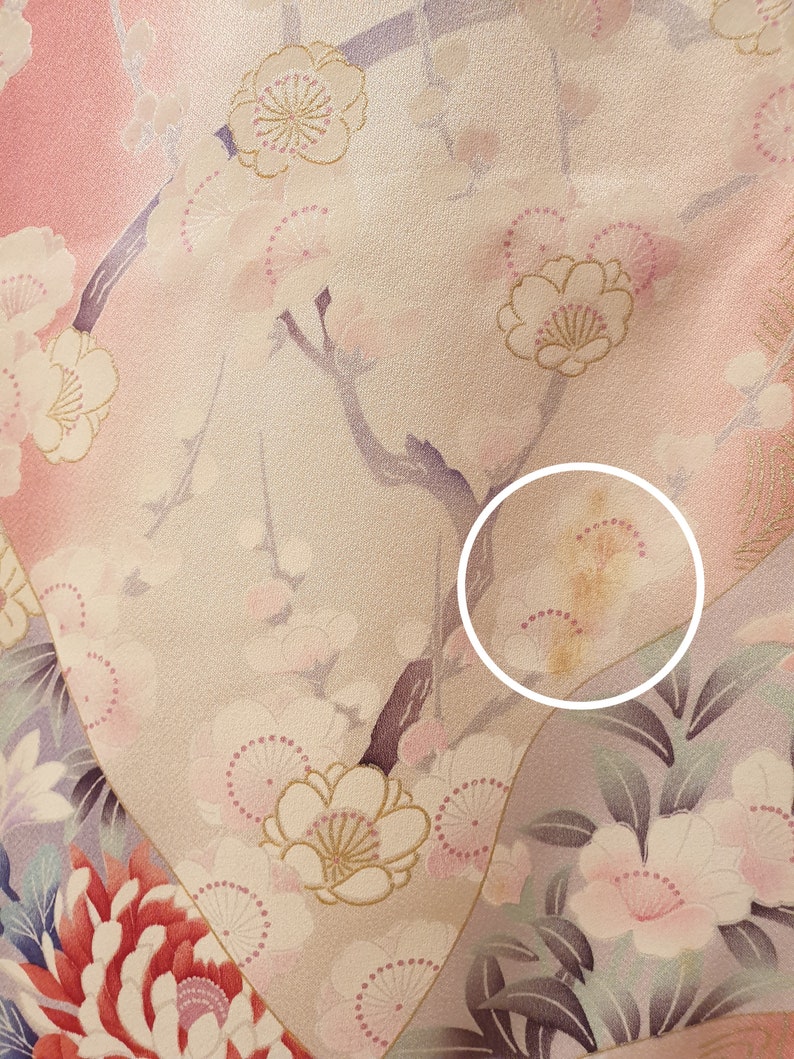 Vintage Japanese Pink Kimono Robe with Fan, Plum Blossoms, Chrysanthemum, Peacock and Golden Embroidery, Pink Furisode, Long-Sleeved Kimono image 8