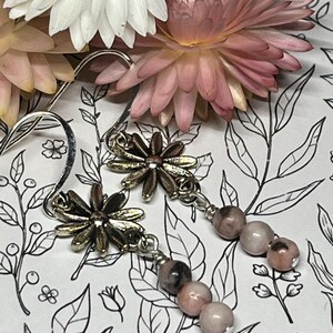 Pink zebra Jasper and silver flower boho earrings