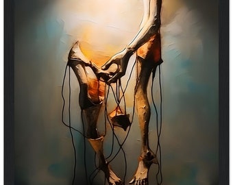 May include: Abstract artwork depicting a figure with limbs and torso, rendered in warm tones of orange and brown. Black strings connect the figure's body parts. The artwork is framed in a black wooden frame, set against a light blue and white background.