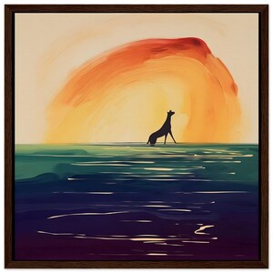 Peut inclure: Impression sur toile encadrée représentant une silhouette de girafe dans l'eau, devant un coucher de soleil vibrant. L'œuvre utilise des tons orange, jaune, vert et bleu, créant un paysage artistique et serein.