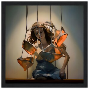 Peut inclure: Impression d'art encadrée représentant une peinture surréaliste d'une femme aux longs cheveux bruns et une robe bleue. L'œuvre comprend des formes abstraites et translucides en orange et blanc, suspendues par des fils. Le cadre est noir.