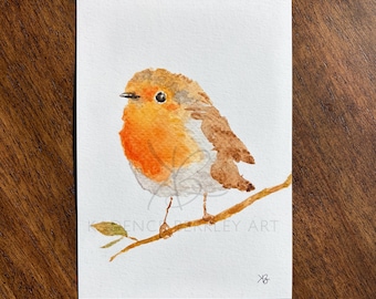 European Robin Bird Watercolor Painting: 5x7 Giclée Print on Matte Textured Fine Art Paper