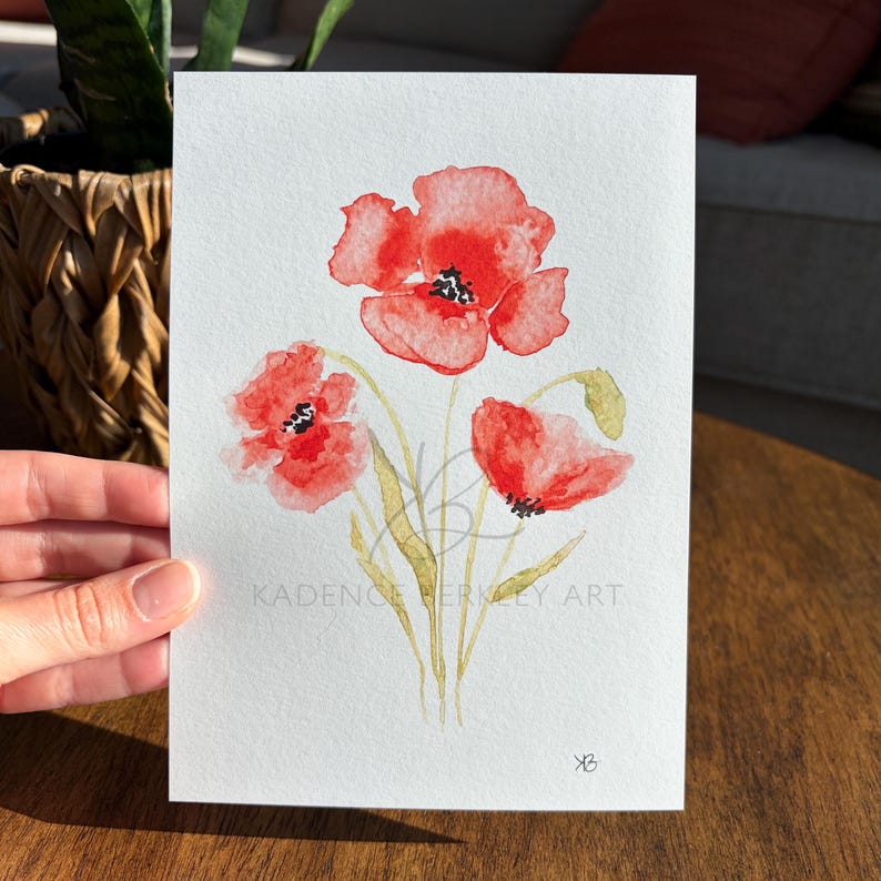 Red Poppy Watercolor Painting: 5x7 Giclée Print on Matte Textured Fine Art Paper image 2