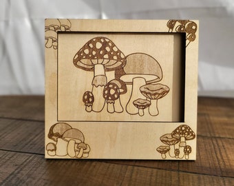 Cadre en bois gravé représentant un champignon - Peut contenir une photo de 5 x 3,5 pouces - Cadre de 6 x 5,5 pouces avec support | Cadeau pour les amoureux de la nature ou les amateurs de champignons