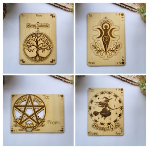 Paquete mixto de tarjetas de adorno grabadas en madera de Yule: bruja, pentáculo, diosa espiral, árbol de la vida