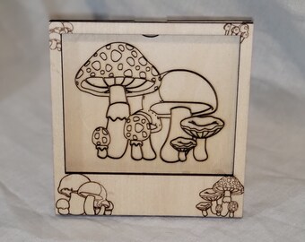 Mushroom Engraved Wood Frame - Holds 3x3.5 Inch Picture - 6x6 Inch Frame With Stand | Gift For Nature Lovers or Mushroom Enthusiasts