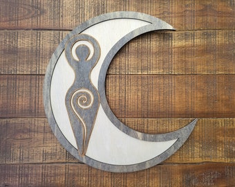 Spiral Goddess and Moon Engraved Wood Wall Hanging, Black and Silver | Divine Feminine, Altar Decor, Pagan Gift,  12" x 11" Inches