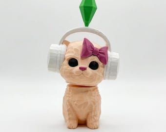 シムズ風の猫のフィギュア、プランボブのヘッドホンリボン、3Dプリントのゲーマーデスクデコレーション