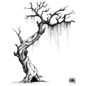 The Resident — Fine Liner Ink Botanical Art Print | Gothic Dead Tree Wall Art | Dark Academia Swamp Flora & Hidden Spider Decor