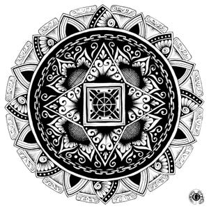 The Chakram — Fine Liner Ink Mandala Art Print | Sharp Geometric Black and White Wall Art | Gothic Dark Academia Edged Home Decor