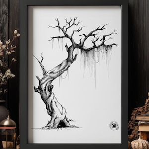 May include: A black and white ink illustration of a gnarled, leafless tree with hanging moss, enclosed in a black frame. The tree features a hollow at its base with a small dark figure inside, and a circular logo is visible in the bottom right corner.