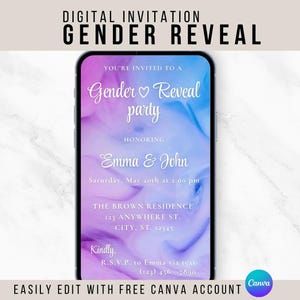 Puede incluir: Invitación digital para una fiesta de revelación de género, con un fondo de acuarela azul y morado con el texto "Estás invitado a una fiesta de revelación de género" y "En honor a Emma y John".
